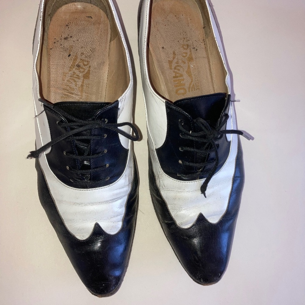 FERRAGAMO Oxfords Brogues Wingtips Black and White Leather Shoes 7,5 US